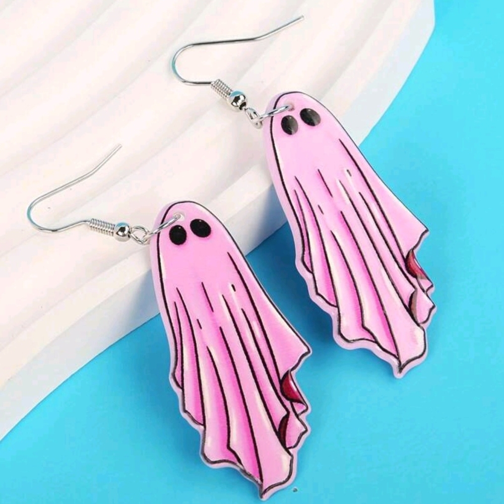 👻HP! Halloween Pink Acrylic Ghost Dangle Earrings New!